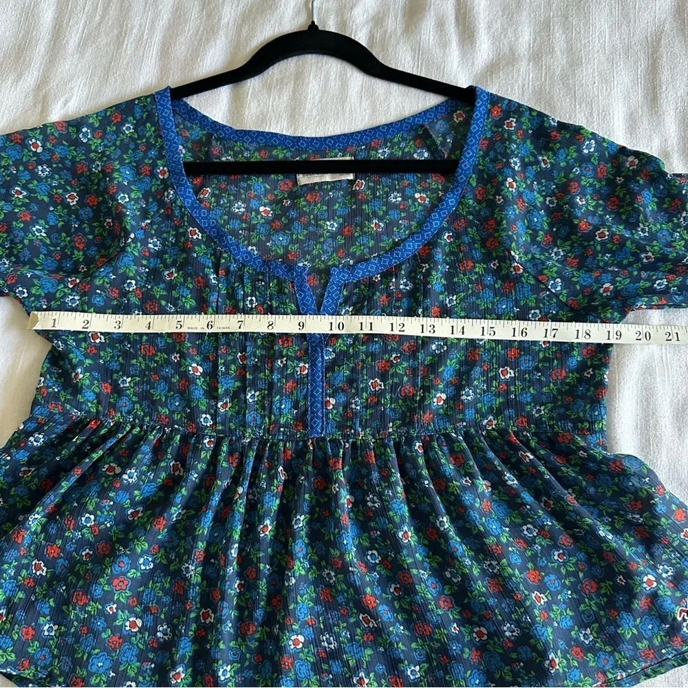 Hollister Womens S Blue Ditsy Floral  Pleated Sheer Chiffon Top Boho Cottage - Picture 10 of 16